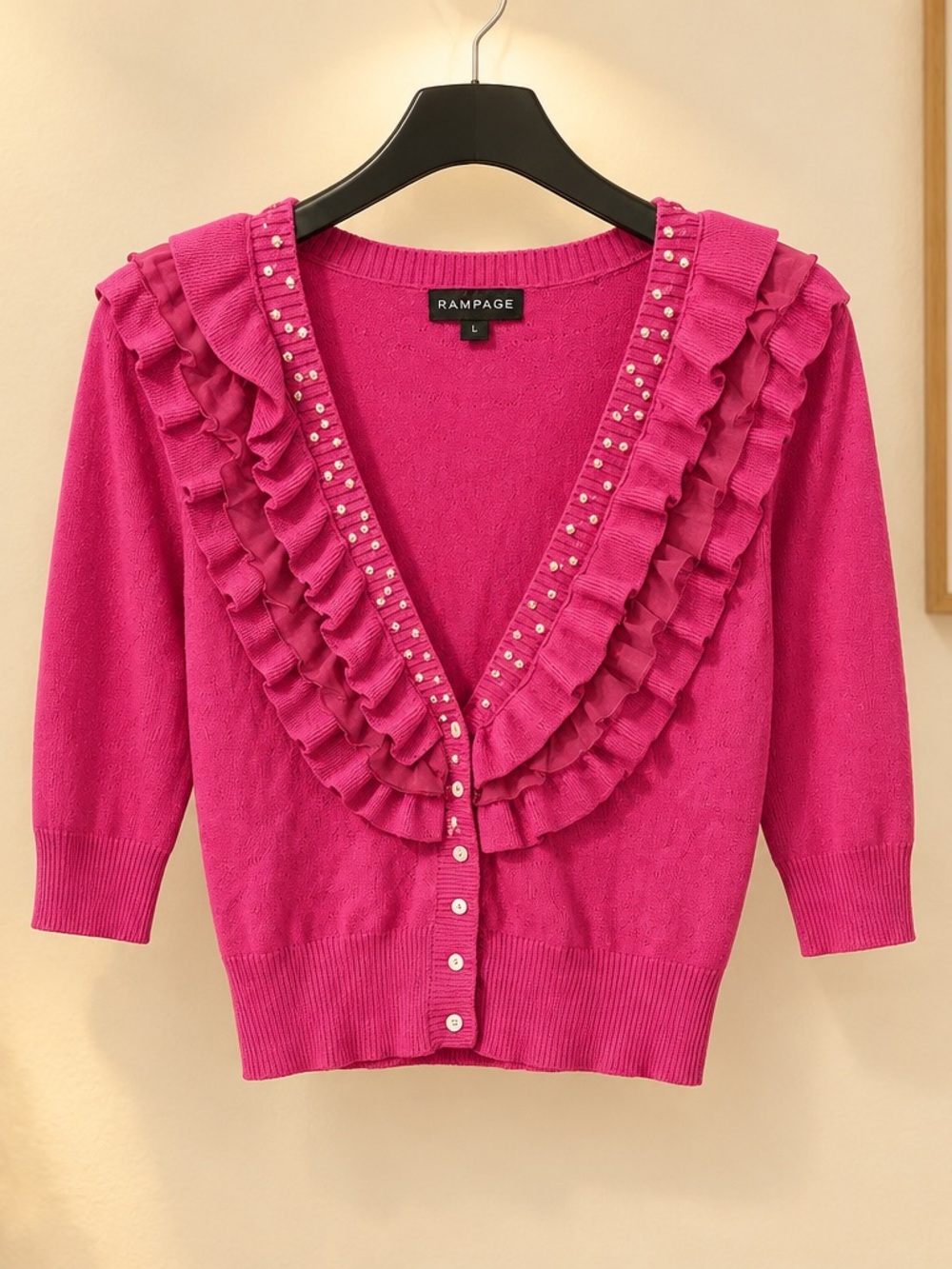 Rampage Fuchsia Ruffle V-Neck Cardigan with Pearl Buttons